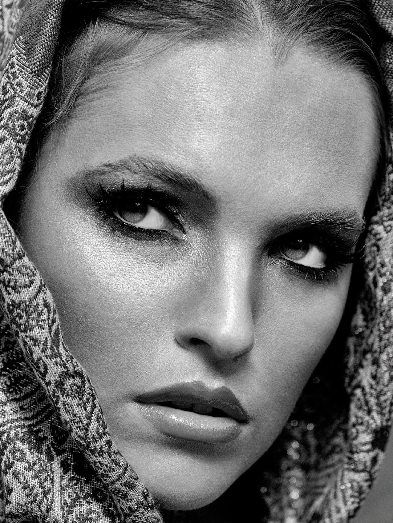 CASTAWAY_Model Megan In Head Scarf As Hood Framed Close Up On Face
